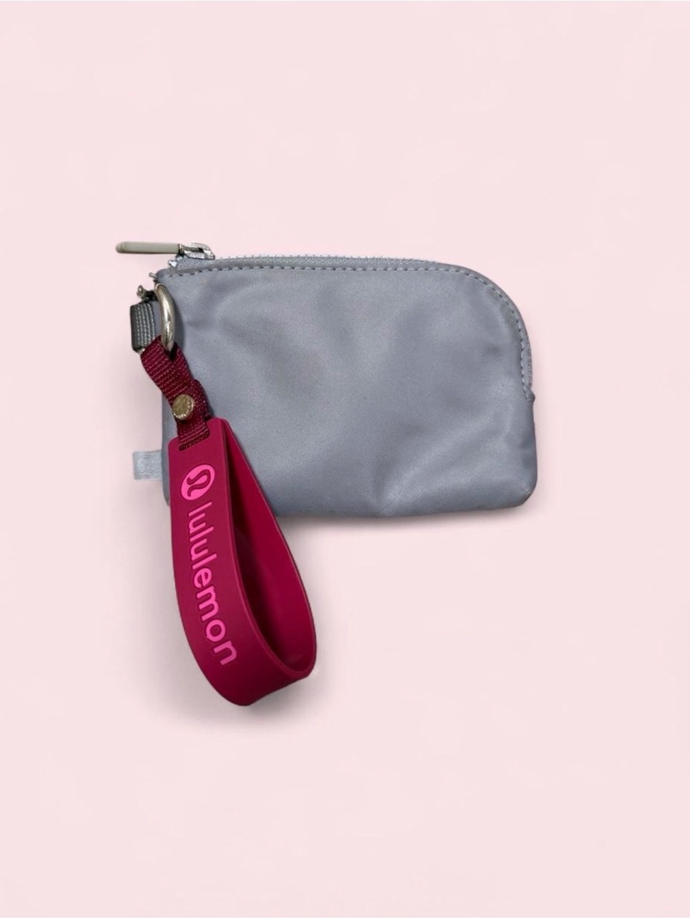 lululemon gray coin pouch with magenta logo wrist strap